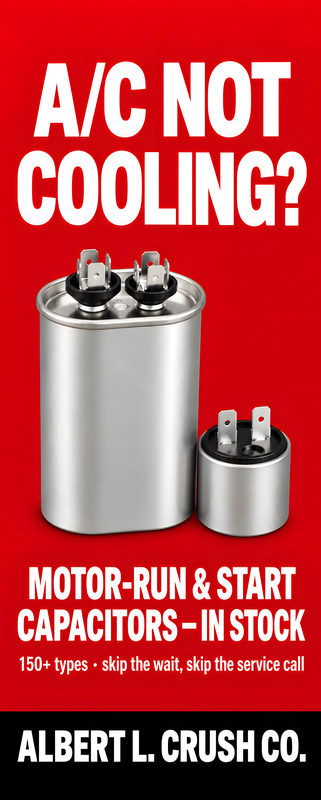 Red poster: A/C not cooling? A large oval run capacitor and a small round start capacitor. Motor-run and start capacitors, in stock. 150+ types. Skip the wait, skip the service call.