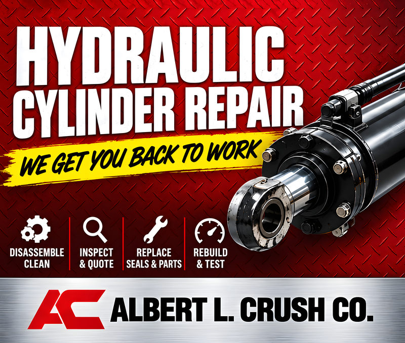 Red diamond-plate poster: Hydraulic cylinder repair. We get you back to work. A large hydraulic cylinder. Four steps: disassemble and clean, inspect and quote, replace seals and parts, rebuild and test.