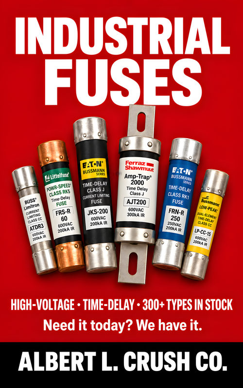 Red poster: Industrial fuses. Six fuses in a fan: a Buss Limitron, Littelfuse Powr-Speed, Eaton Bussmann JKS-200, Ferraz Shawmut Amp-Trap, Eaton Bussmann FRN-R and Bussmann Low-Peak. High-voltage, time-delay, 300+ types in stock. Need it today? We have it.