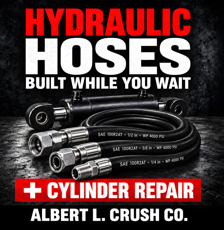 Black and red poster: Hydraulic hoses, built while you wait. Coiled hydraulic hoses with steel fittings and a hydraulic cylinder. Plus cylinder repair.
